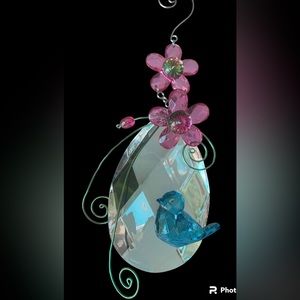Suncatcher - Crystal Teardrop with Bluebird rhinestone eye & Pink Flowers.
